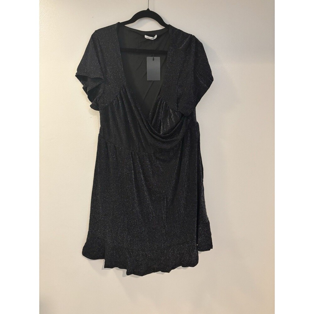 Pinup Fashion Black Shimmer Wrap Short Dress Womens 20W Plus Glitter LBD